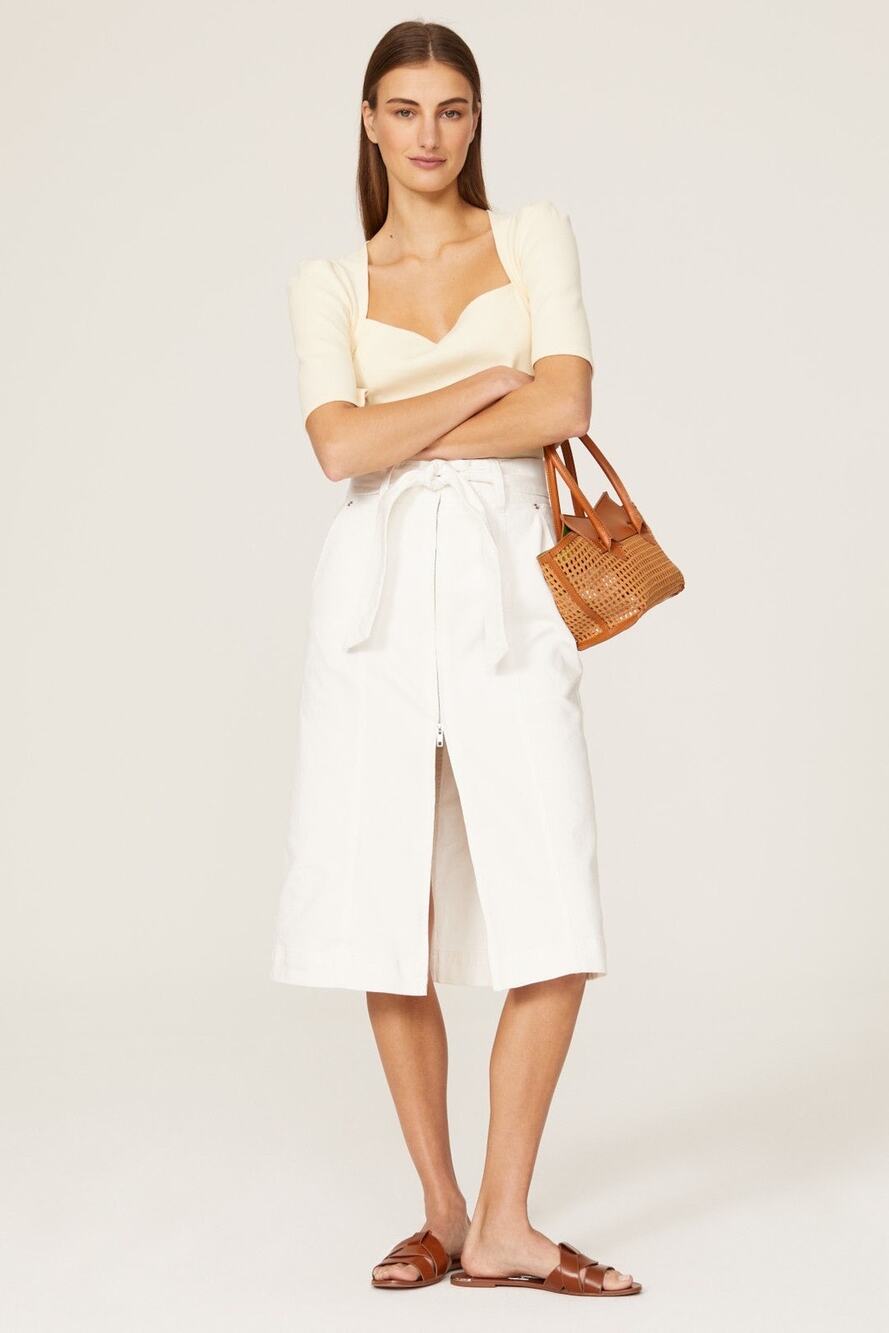 Thakoon White Denim Belted Tie Waist Zip Front Slit High Rise Midi Jean Skirt 2